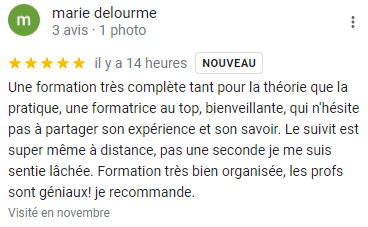 avis de marie formation dermopigmentation en ligne Une formation très complète tant pour la théorie que la pratique, une formatrice au top, bienveillante, qui n'hésite pas à partager son expérience et son savoir. Le suivit est super même à distance, pas une seconde je me suis sentie lâchée. Formation très bien organisée, les profs sont géniaux! je recommande.